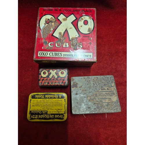 42 - Antique advertising tins, including Oxo and Iron Jelloids, together with a tin of B.D.V. silk cigare... 