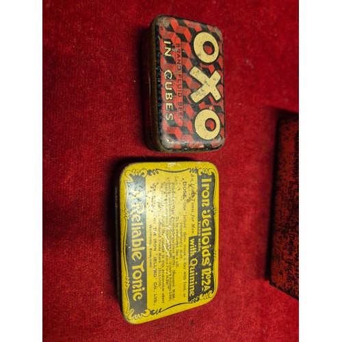 42 - Antique advertising tins, including Oxo and Iron Jelloids, together with a tin of B.D.V. silk cigare... 