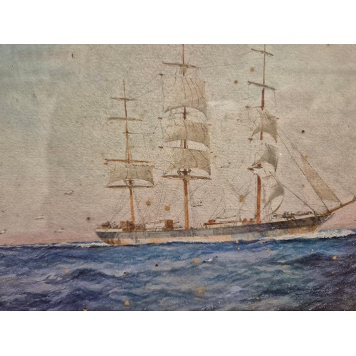 46 - Small framed watercolour painting of a three masted ship, titled 'In Home Waters' by W.M. Birchall 1... 