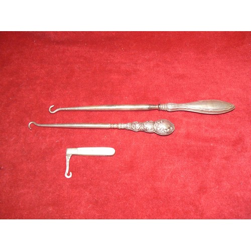 106C - Victorian sterling silver button hooks, 2x Silver & Steel, together with 1x small mother of pearl an... 