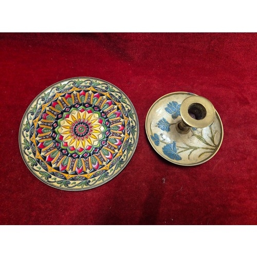 39 - 2x art nouveau enamelled metal ware items, including a brass chamber stick with flowers, together wi... 