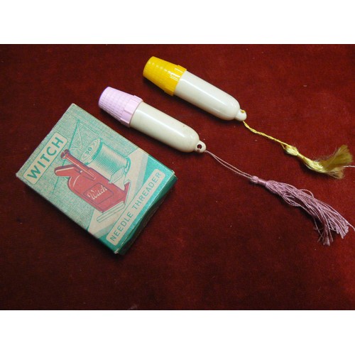 107E - Vintage sewing accessories, including a boxed Witch Needle Threader, along with 2x small plastic thr... 