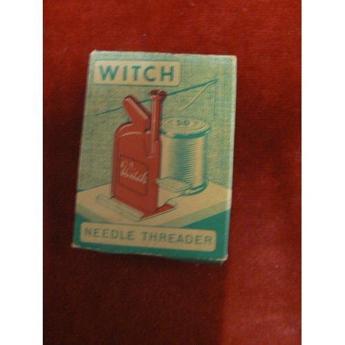 107E - Vintage sewing accessories, including a boxed Witch Needle Threader, along with 2x small plastic thr... 