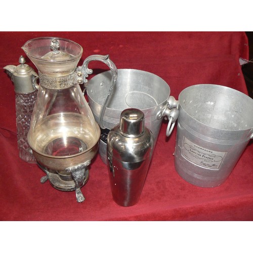 399 - Vintage claret jug, coffee carafe and warmer stand, two champagne buckets and a cocktail shaker