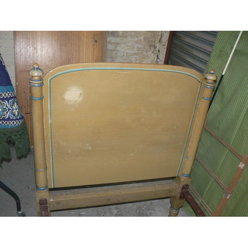 421 - Vintage single bed frame, with olive & blue painted wooden ends and Vono rails.