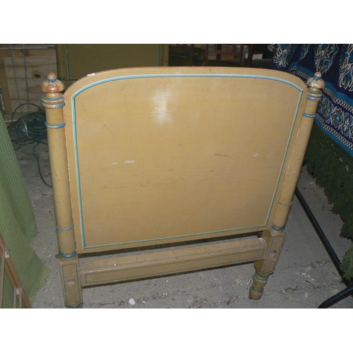 421 - Vintage single bed frame, with olive & blue painted wooden ends and Vono rails.