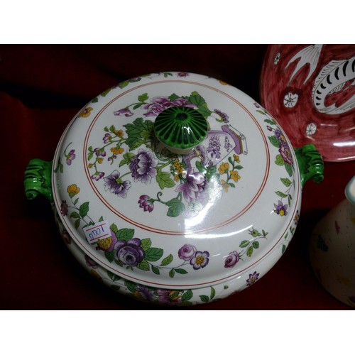 97 - A VINTAGE LIDDED TUREEN WITH FLORAL DECORATION BY BRIDGWOOD PLUS A BORDER FINE ARTS CABBAGE LEAF SER... 