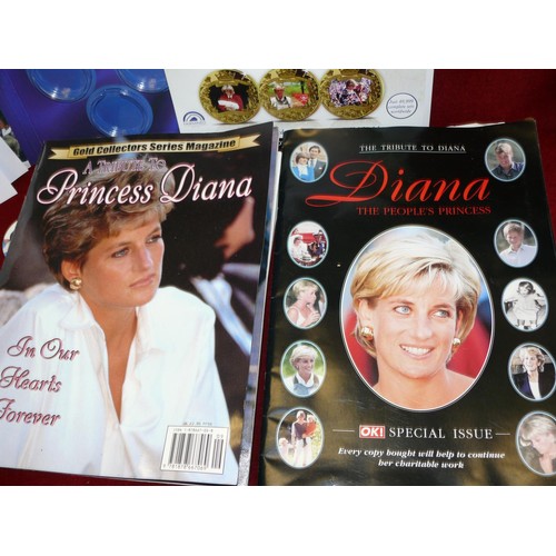 105 - DIANA THE PEOPLES PRINCESS GOLD PLATED COIN IN FOLDER PLUS BOOKS AND MAGAZINES