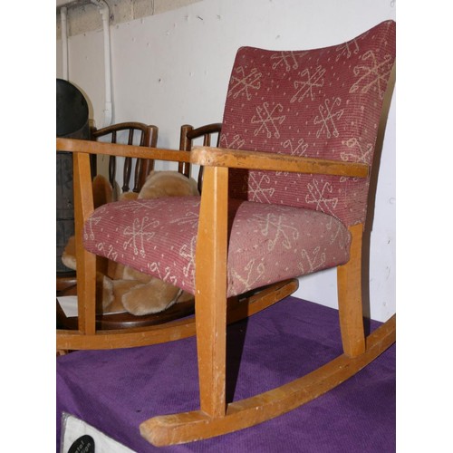 115 - SMALL VINTAGE ROCKING CHAIR WITH WOODEN FRAME AND UPHOLSTERED SEAT AND BACK