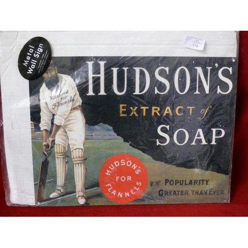 116 - NEW METAL WALL SIGN 'HUDSON'S EXTRACT OF SOAP'