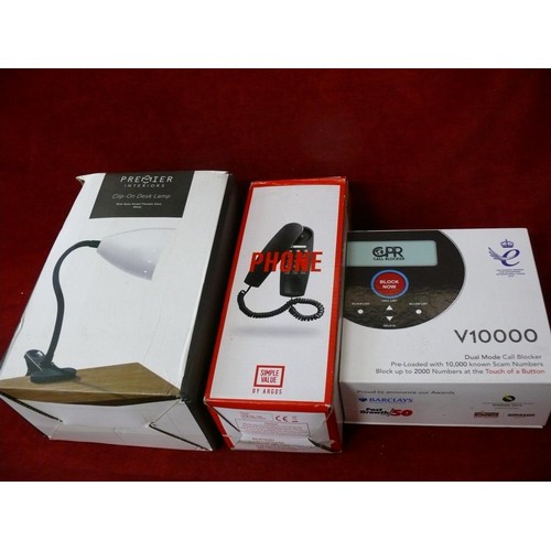 124 - CLIP ON DESK LAMP, DUAL MODE CALL BLOCKER AND A CORDED PHONE ALL BRAND NEW WITH BOXES