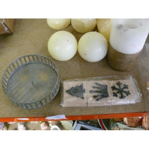 168 - SHELF OF MIXED ITEMS TO INCLUDE CANDLES, TIARA, VINTAGE SEWING BOX, RED PLATES ETC