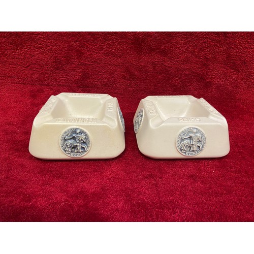 414 - Pair of vintage French ceramic bistro advertising ashtrays, modelled with relief lettering and round... 