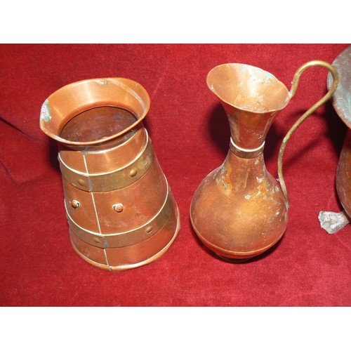 416 - Job lot of copper & pewter, including tankards, an oil jug, footed bucket and middle eastern brass &... 