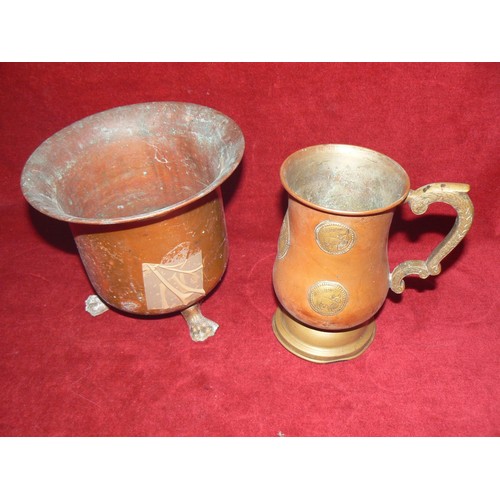 416 - Job lot of copper & pewter, including tankards, an oil jug, footed bucket and middle eastern brass &... 