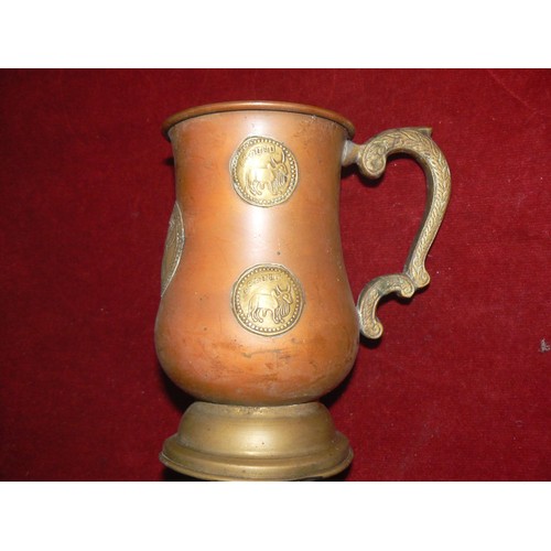 416 - Job lot of copper & pewter, including tankards, an oil jug, footed bucket and middle eastern brass &... 