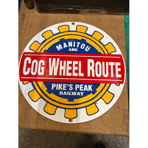 315 - 2 METAL WALL SIGNS 1 GREEN FEATURING LNER MALLARD AND 1 MANITOU AND PIKE'S PEAK RAILWAY OF COG WHEEL... 