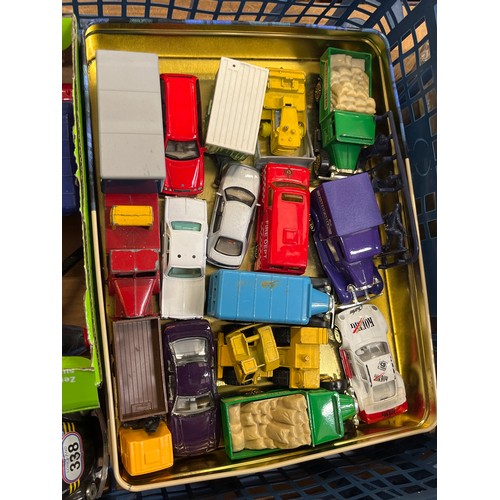 322 - TRAY OF PLAYWORN CORGI AND LLEDO VEHICLES PLUS 4 HELICOPTERS