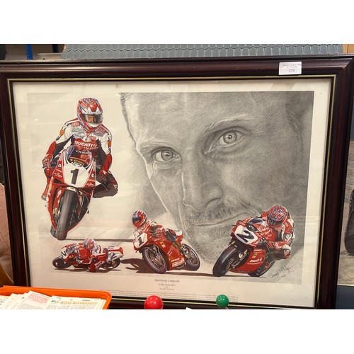 331 - FRAMED AND GLAZED PRINT OF SPORTING LEGENDS  CARL FOGARTY BY STUART MCINTYRE AND A PRINT OF A FORMUL... 