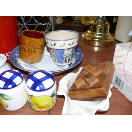 182 - SELECTION OF KITCHENWARE AND CHINA TO INCLUDE RETRO RED CANNISTERS AND SERVING BOWL, CRUET SETS, PLA... 