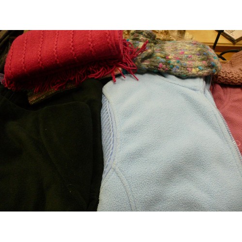 195 - BOX OF LADIES ZIP UP FLEECE STYLE TOPS SIZE 16/18 IN VARIOUS COLOURS PLUS HATS, SCARVES AND SOCKS