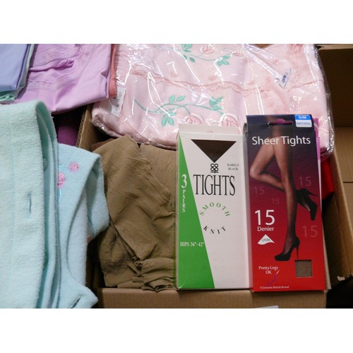 196 - BOX OF LADIES CLOTHING TO INCLUDE DRESSING GOWN, NEW TIGHTS, NEW NIGHTDRESS AND NEW UNDERWEAR