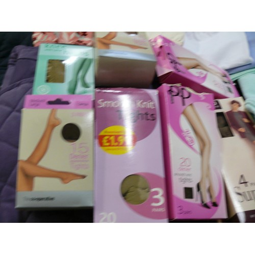 196 - BOX OF LADIES CLOTHING TO INCLUDE DRESSING GOWN, NEW TIGHTS, NEW NIGHTDRESS AND NEW UNDERWEAR