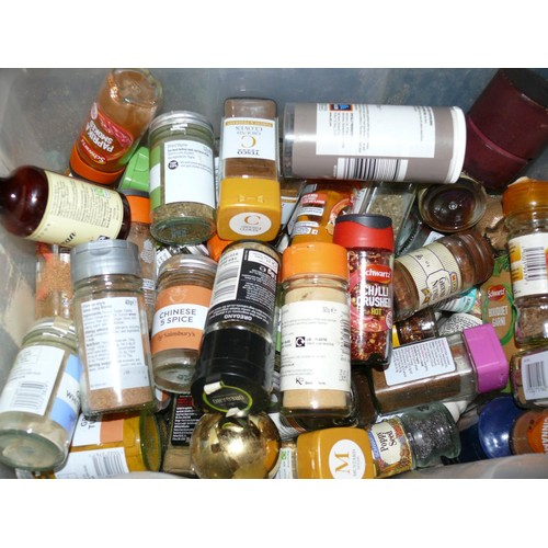 201 - LARGE BOX OF KITCHEN CONDIMENTS SPICES, COFFEE SYRUP ETC