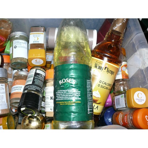 201 - LARGE BOX OF KITCHEN CONDIMENTS SPICES, COFFEE SYRUP ETC