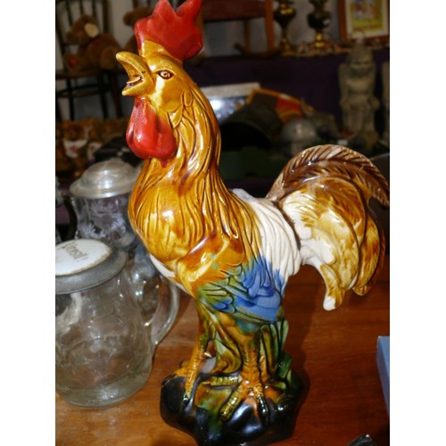 223 - MAJOLICA COCKEREL FIGURE AND A CHICKEN BUTTER DISH