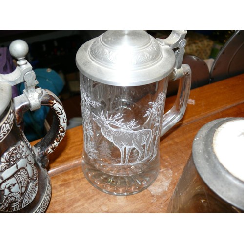 225 - 4 GERMAN STEINS, 2 GLASS AND 2 CERAMIC