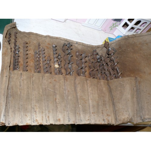 345 - VINTAGE TOOL ROLL WITH CONTENTS OF VERY LARGE DRILL BITS