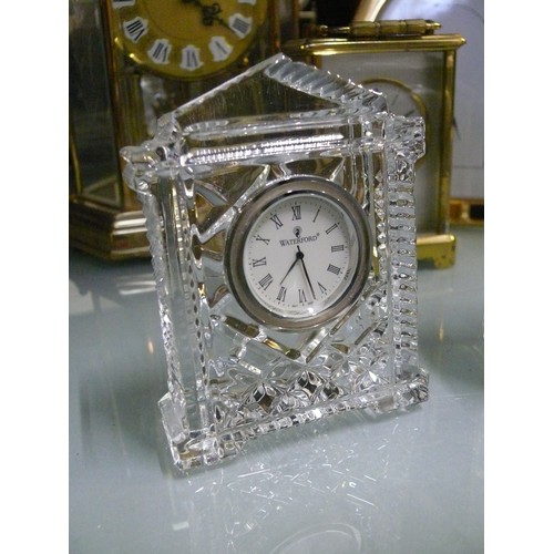 366 - 2 WATERFORD CRYSTAL MANTLE CLOCKS PLUS A GLASS CLOCK BY WIESENTHALHUTTE