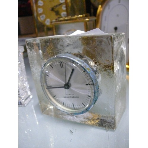 366 - 2 WATERFORD CRYSTAL MANTLE CLOCKS PLUS A GLASS CLOCK BY WIESENTHALHUTTE