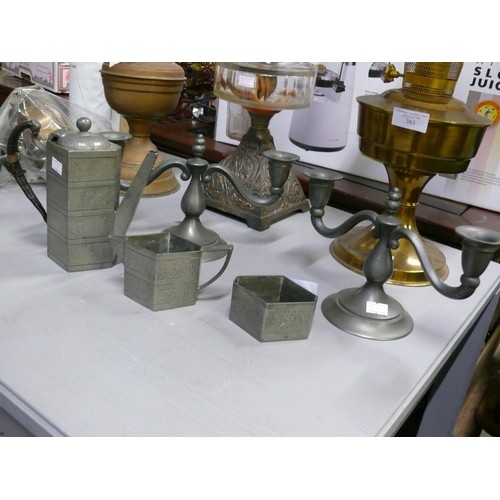 362 - ABBEY PEWTER MINIATURE COFFEE SET, HAND HAMMERED PLUS A PAIR OF PEWTER CANDLE HOLDERS