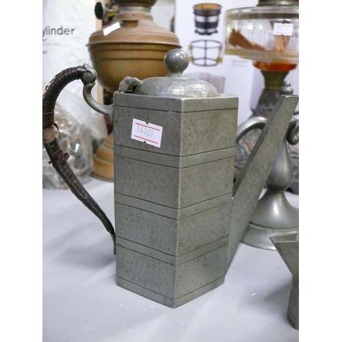 362 - ABBEY PEWTER MINIATURE COFFEE SET, HAND HAMMERED PLUS A PAIR OF PEWTER CANDLE HOLDERS