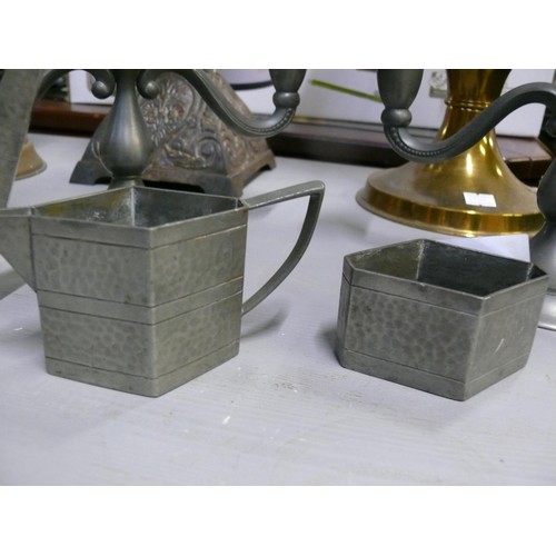 362 - ABBEY PEWTER MINIATURE COFFEE SET, HAND HAMMERED PLUS A PAIR OF PEWTER CANDLE HOLDERS