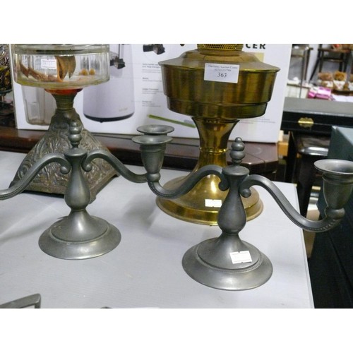 362 - ABBEY PEWTER MINIATURE COFFEE SET, HAND HAMMERED PLUS A PAIR OF PEWTER CANDLE HOLDERS