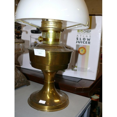 363 - BRASS BASED OIL LAMP WITH GLASS SHADE AND CHIMNEY