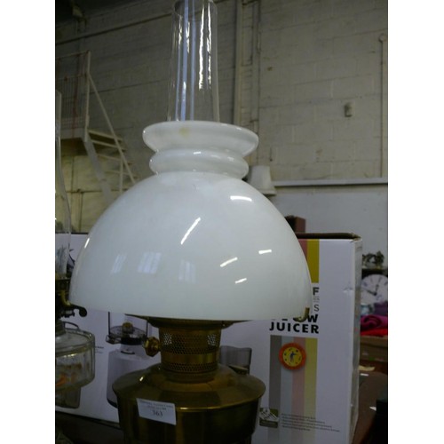 363 - BRASS BASED OIL LAMP WITH GLASS SHADE AND CHIMNEY