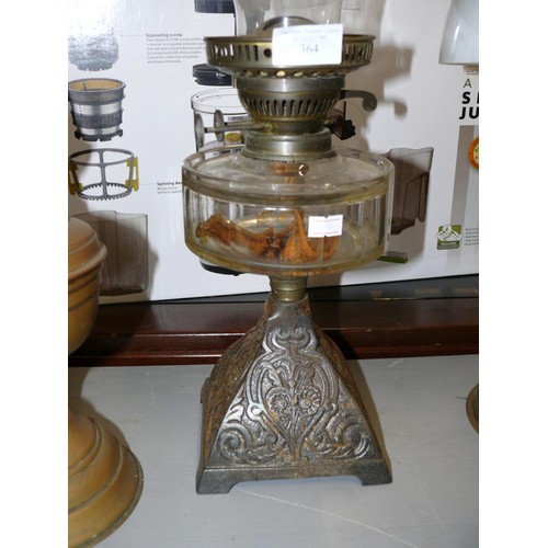 364 - VINTAGE OIL LAMP WITH ORNATE METAL BASE AND GLASS RESERVOIR AND GLASS CHIMNEY