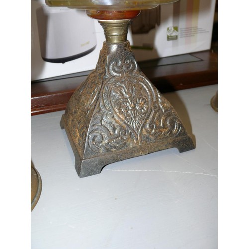 364 - VINTAGE OIL LAMP WITH ORNATE METAL BASE AND GLASS RESERVOIR AND GLASS CHIMNEY