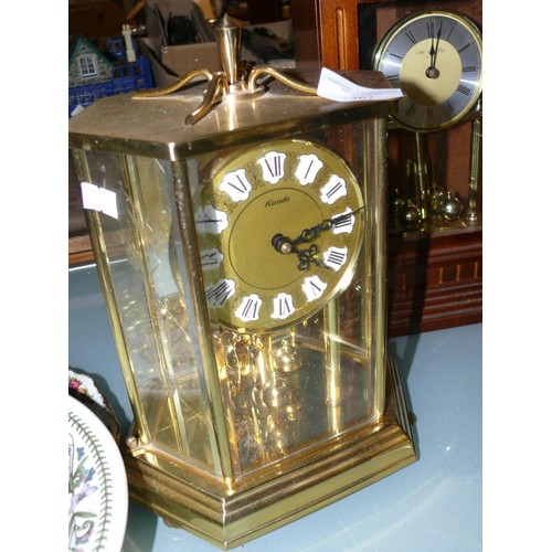 367 - 3 BRASS MANTLE CLOCKS AND 1 WITH WOODEN CASE