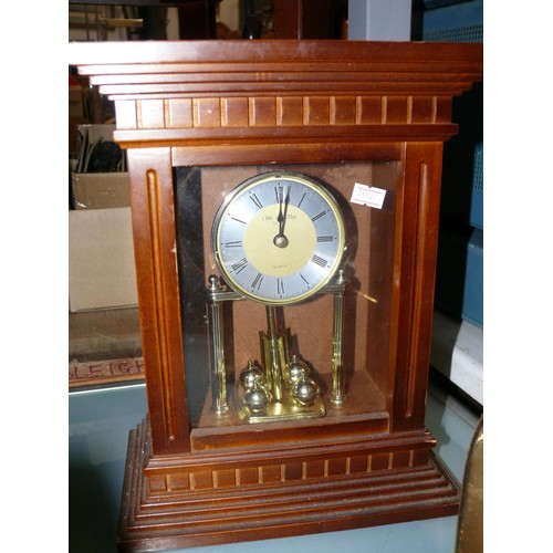 367 - 3 BRASS MANTLE CLOCKS AND 1 WITH WOODEN CASE