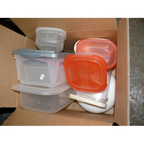 229 - 2 BOXES OF KITCHENWARE TO INCLUDE STORAGE TUBS, CANNISTERS, GRATER AND COLANDER