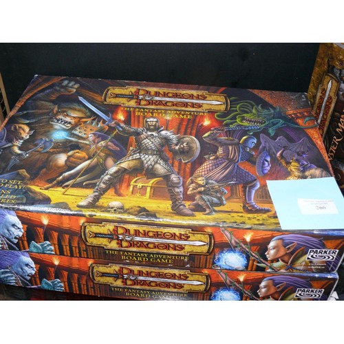 266 - DUNGEONS AND DRAGONS BOARD GAMES, 1 COMPLETE PLUS AN EXPANSION PACK AND 2 MONSTER MANUALS