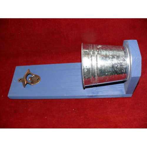 398 - BLUE WOODEN STAND WITH ICE BUCKET AND BOTTLE OPENER