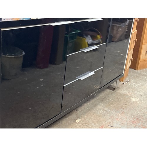 443 - LONG BLACK GLOSS SIDEBOARD WITH 3 DRAWERS AND 2 CUPBOARDS