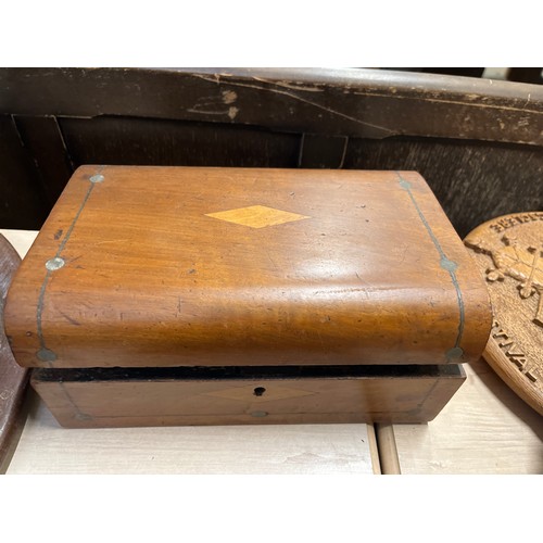 464 - WOODEN BOX WITH CARVED RESERVED SIGN, WOOD AND SILVERPLATE BEAKER, GOLFING BOOK PAPERWEIGHT AND A SE... 