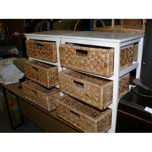 422 - PAIR OF WICKER DRAWER UNITS WITH WHITE WOOD FRAMES